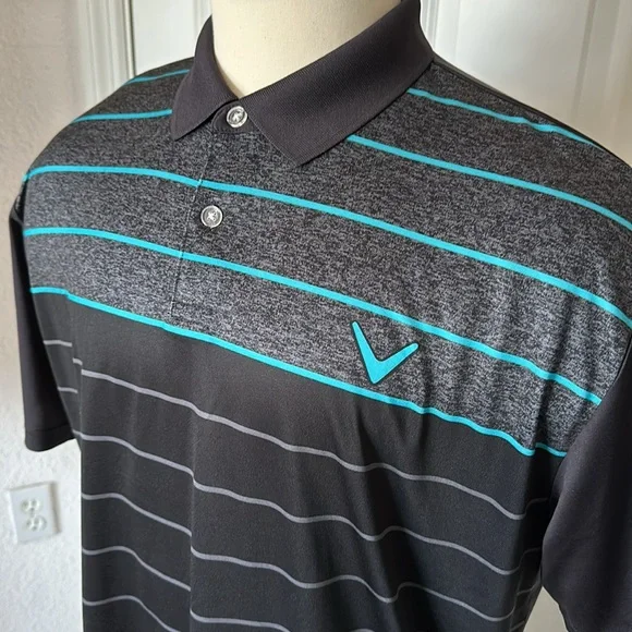 LIKE NEW CALLAWAY “OPTI-DRI” POLO GOLF SHIRT. Size XL. Black w/ Aqua blue & grey - Picture 2 of 10